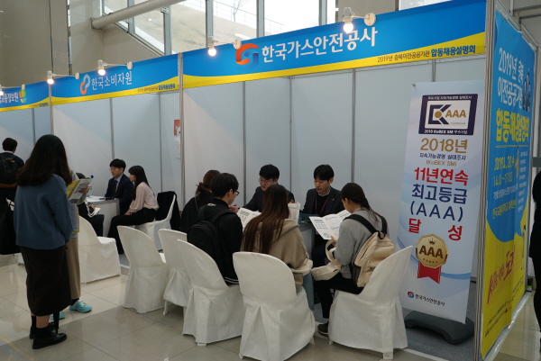 한국가스안전공사는 20일 한국교통대 충주캠퍼스에서 열린 ‘2019년 충북이전 공공기관 합동채용설명회’에 참가해 취업 부스를 마련하고 상담을 진행했다.