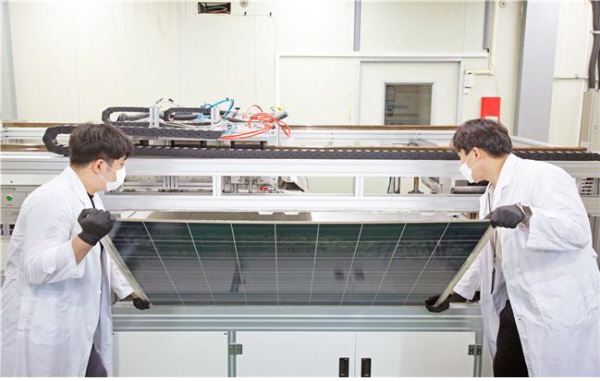 연구원들이 유리를 분리·회수하기 위해 태양광 폐패널을 개발 장치에 넣고 있다.