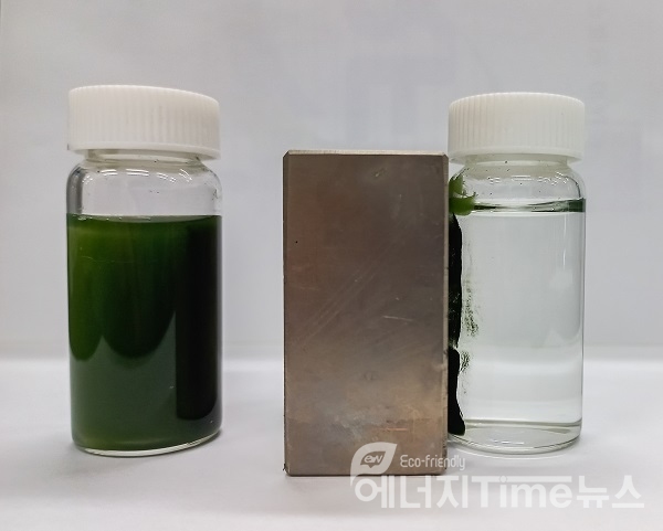 자성나노입자 이용 핵종 제거 기작 모식도(위)와 자석을 이용해 분리한 세척 폐액 분리 전/분리 후 (아래)