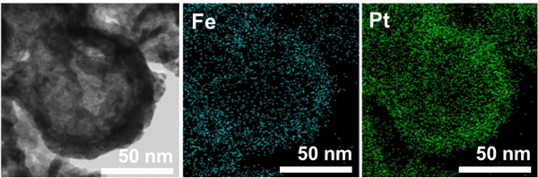 한국원자력연구원 연구진이 합성한 흡착제의 투과전자현미경(TEM) 및 X-ray 원소분석(EDS) <사진>중심금속 철(Fe) 나노입자 표면에 백금(Pt)을 코팅했다.