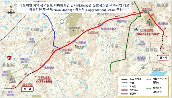 LS일렉트릭은 대만 교통부 철도국이 발주한 490억원 규모 타오위안 ‘푸신역(Puxin)~잉거역(Yingge)’ 구간 철도신호시스템 구축 사업자로 선정 됐다고 27일 밝혔다. 사진은 LS일렉릭이 수주한 ‘푸신역(Puxin)~잉거역(Yingge)’ 구간 노선도