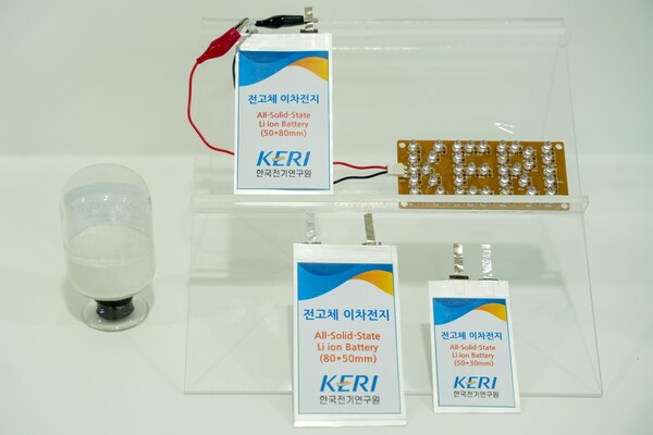 KERI 습식 합성 공정으로 제조된 고체전해질 분말(왼쪽)과 이를 활용한 전고체전지 시제품.